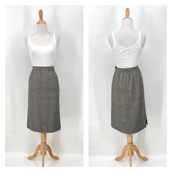 Saint Laurent Dresses & Skirts - VINTAGE 70s SAINT LAURENT Wool Houndstooth Plaid Pencil Skirt XS Black White